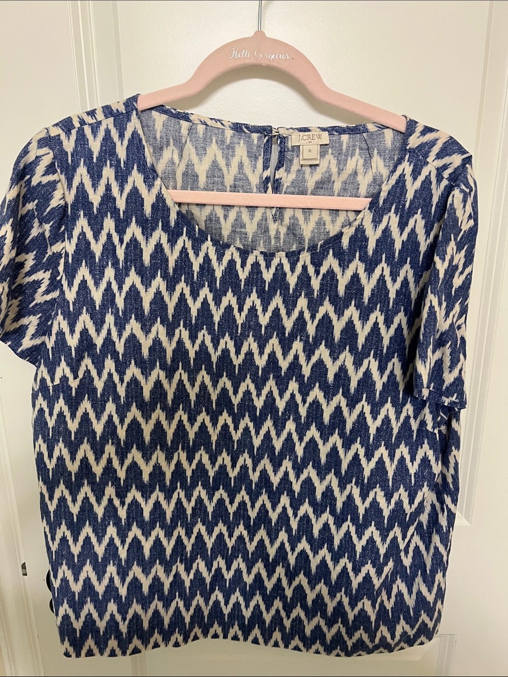 J. Crew Navy and White Ikat Short Sleeve Blouse